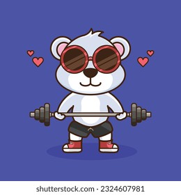 Weight training, Adorable and Cute Cartoon Bear Lifting Barbell. Weightlifting Muscles training with Barbell. Cartoon Vector Workout Icon Illustration, Gym Workout mascot, cute sticker, cartoon style