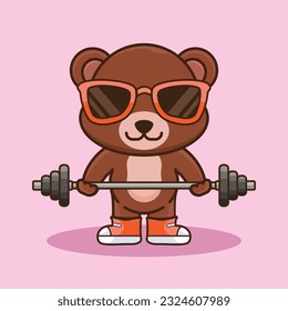 Weight training, Adorable and Cute Cartoon Bear Lifting Barbell. Weightlifting Muscles training with Barbell. Cartoon Vector Workout Icon Illustration, Gym Workout mascot, cute sticker, cartoon style
