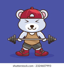 Weight training, Adorable and Cute Cartoon Bear Lifting Barbell. Weightlifting Muscles training with Barbell. Cartoon Vector Workout Icon Illustration, Gym Workout mascot, cute sticker, cartoon style