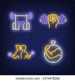 Weight training, neon sign set. Gym, bench, dumbbells in hand, stopwatch. Flyer, invitation, bright banner. Vector illustration in neon style for healthy lifestyle and fitness