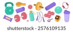 Weight training, yoga, pilates stickers set. Dumbbells, protein supplements, kettlebell, jump rope and other fitness elements. Modern cartoon concept. Vector illustration.