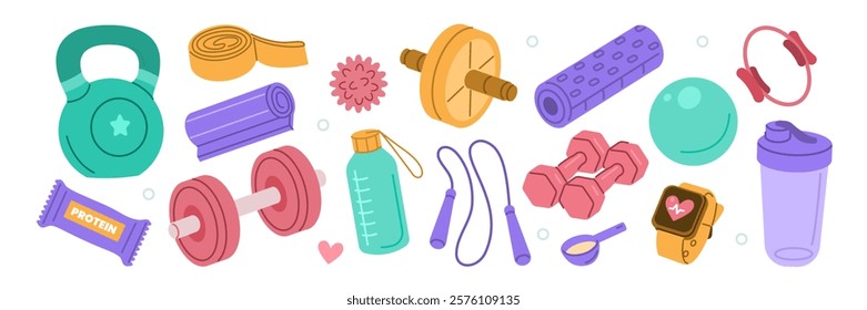 Weight training, yoga, pilates stickers set. Dumbbells, protein supplements, kettlebell, jump rope and other fitness elements. Modern cartoon concept. Vector illustration.