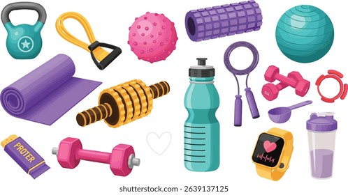 Weight training, yoga, pilates stickers set. Dumbbells, protein supplements, kettlebell, jump rope and other fitness elements. Modern cartoon concept