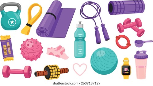 Weight training, yoga, pilates stickers set. Dumbbells, protein supplements, kettlebell, jump rope and other fitness elements. Modern cartoon concept