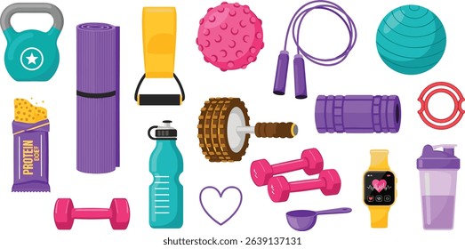 Weight training, yoga, pilates stickers set. Dumbbells, protein supplements, kettlebell, jump rope and other fitness elements. Modern cartoon concept