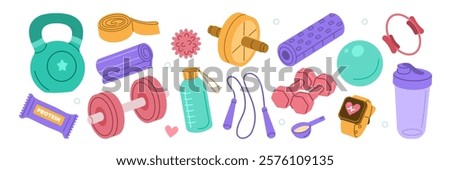 Weight training, yoga, pilates stickers set. Dumbbells, protein supplements, kettlebell, jump rope and other fitness elements. Modern cartoon concept. Vector illustration.