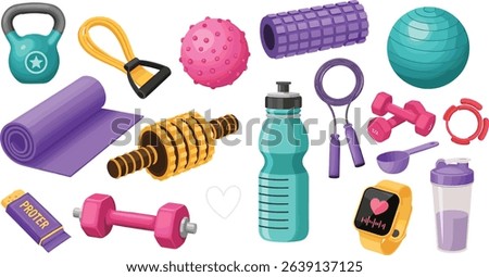 Weight training, yoga, pilates stickers set. Dumbbells, protein supplements, kettlebell, jump rope and other fitness elements. Modern cartoon concept