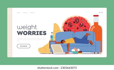 Weight Worries Landing Page Template. Obese Male Character Fall Asleep after Eating Much Fast Food. His Stomach Bloated And Body Lethargic From Fat Unhealthy Meals. Cartoon People Vector Illustration