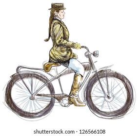 Weighted lady on bicycle - hand drawing converted into vector. /// Editable in six layers.