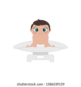 Weighting adorable little baby. Baby first year development. Vector illustration.