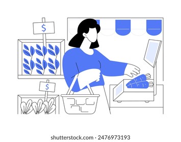 Weighting products isolated cartoon vector illustrations. Young woman weighing fruit and vegetables in supermarket, grocery store, fresh food, smart shopping, weighting scale vector cartoon.