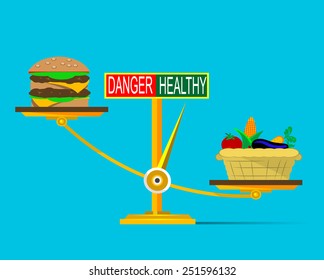 Weighting scale inclined to the side of healthy food Vector illustration.