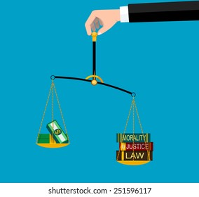 Weighting scale inclined to the side of morality and law. vector eps 10 