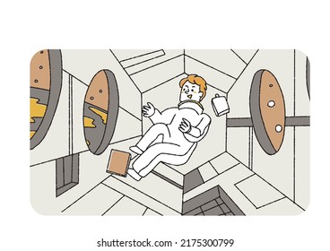 Weightless astronaut comical handwritten material vector, warm line drawing