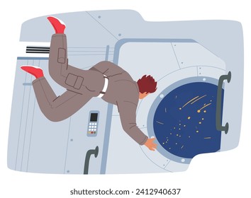 Weightless Astronaut Floats Gracefully Inside The Spaceship, Gazing Through The Window At The Awe-inspiring Vastness Of Outer Space In The Mesmerizing Cosmic Backdrop. Cartoon Vector Illustration