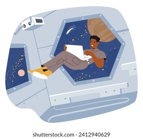 Der Astronaut schwimmt ohne Gewicht mit einem Laptop in einem Raumschiff. Die eindrucksvolle Sicht auf den Außenraum durch das Fenster verbessert die surreale Erfahrung der Arbeit in Null-Gravitation. Cartoon-Vektorgrafik