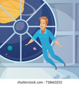 Weightless astronaut on orbiting space station with planets in window background retro cartoon icon poster vector illustration 