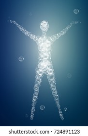 weightless feeling, human soul concept, light feeling inside,  man silhouette  build with bubbles,vector