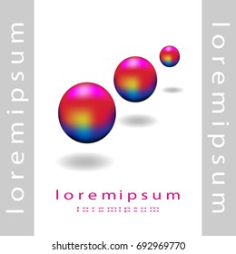 Weightless glowing multicolored balls-objects of bright color hang in the air. Illustration with 3d effect on white background for design presentation of new technology and modern art projects.