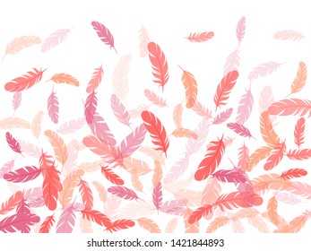 Weightless pink flamingo feathers vector background. Bird wing plumage boho line art. Decorative confetti of festive plumelet. Detailed majestic feather on white design.