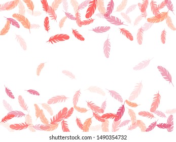 Weightless pink flamingo feathers vector background. Plumage fluff dreams symbols. Decoration confetti of carnival plumelet. Flying feather elements airy vector design.