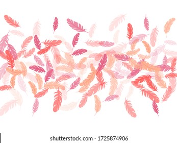 Weightless pink flamingo feathers vector background. Falling feather elements soft vector design. Quill plumelet silhouettes illustration. Plumage bohemian fashion shower decor.