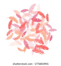 Las plumas rosadas sin peso de flamingo se funden con el fondo vectorial. La naturaleza salvaje aisló el plumaje. Confeti decorativo de plumelet festivo. Diseño vectorial suave de elementos de plumas que caen.