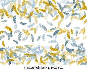 Weightless silver gold feathers vector background. Wildlife nature isolated plumage. Flying feather elements airy vector design. Smooth plumelet tribal ornate graphics.