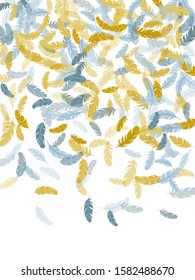 Weightless silver gold feathers vector background. Wildlife nature isolated plumage. Decoration confetti of carnival plumelet. Fluffy twirled feathers on white design.