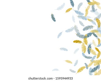 Weightless silver gold feathers vector background. Plumage glamour fashion shower decor. Decorative confetti of festive plumelet. Falling feather elements soft vector design.