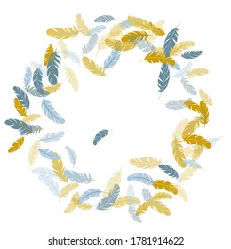 Weightless silver gold feathers vector background. Plumage glamour fashion shower decor. Soft plumelet native indian ornament. Falling feather elements soft vector design.