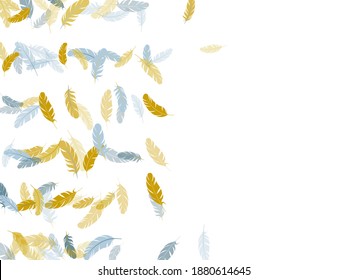 Weightless silver gold feathers vector background. Decoration confetti of carnival plumelet. Detailed majestic feather on white design. Plumage bohemian fashion shower decor.