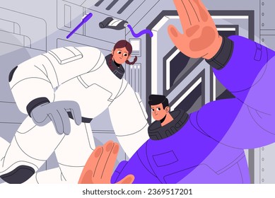 Weightlessness inside International Space Station. Astronauts floating in zero gravity. Cosmonauts crew flying on shuttle. Cosmos ship interior. Life on spaceship, rocket. Flat vector illustration