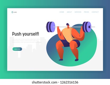Weightlift BodyBuilding Character Design for Landing Page. Athlete Man Lifting Barbell in Gym. Bodybuilder Workout Training Lifestyle Website Concept. Flat Cartoon Vector Illustration
