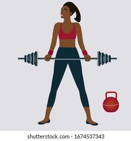 Levantador de pesas africano - aislado en un fondo ligero - vector. Gimnasio. Club deportivo. Estilo de vida.