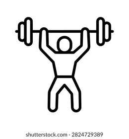 Weightlifter athlete pressing barbell overhead with bent knees, black and white line art vector illustration