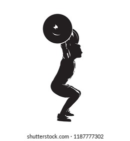 Weightlifter with big barbell, side view. Abstract isolated vector silhouette