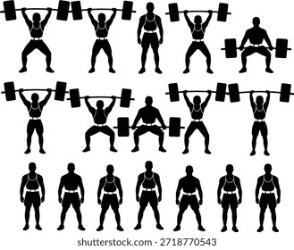 Conjunto de iconos de levantador de pesas y culturista. Contiene a los atletas que levantan pesadas pesas, sentadillas, peso muerto, limpios y bruscos, arrebatan, levantan pesas, entrenan en el gimnasio, fortalecen los músculos y muchos más.