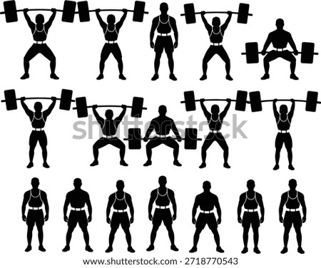 Weightlifter and bodybuilder icon set. Containing athletes lifting heavy barbells, squats, deadlifts, clean and jerk, snatch, powerlifting, gym workout, strong muscles, and many more.
