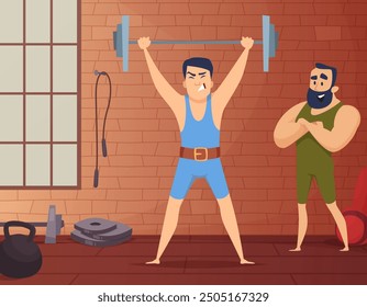 weightlifter. the coach and his ward in training gym sport characters fitness club interior