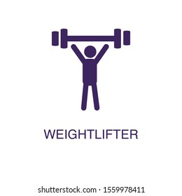 Weightlifter element in flat simple style on white background. Weightlifter icon, with text name concept template