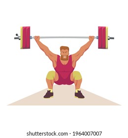 A weightlifter with a formidable expression lifts the barbell. He holds a barbell above his head