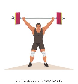 A weightlifter with a formidable expression lifts the barbell. He holds a barbell above his head