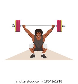 A weightlifter with a formidable expression lifts the barbell. He holds a barbell above his head