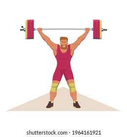 A weightlifter with a formidable expression lifts the barbell. He holds a barbell above his head