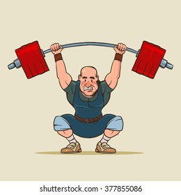 weightlifter, funny cartoon character, vector illustration, sport motivation, gym