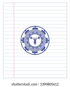 weightlifter girl icon blue ink pen emblem. Vector Illustration. Detailed.