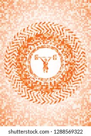 weightlifter girl icon inside abstract orange mosaic emblem with background