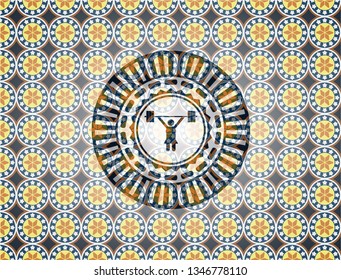 weightlifter girl icon inside arabesque style emblem. arabic decoration.