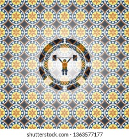 weightlifter girl icon inside arabesque emblem background. arabic decoration.